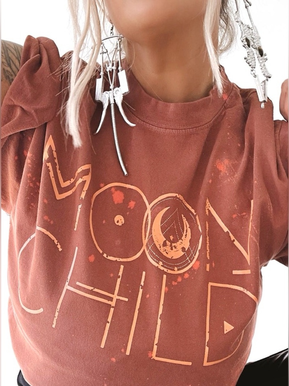 Pebby Forevee Moon Child Cropped Bleach Splatter Raw Edge Graphic Tee